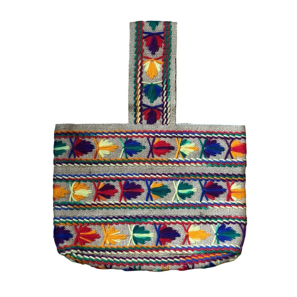 VTG 70's Burlap‎ Purse Bag Tote Multi Color Embroidery BOHO Hippie 14" Aztec